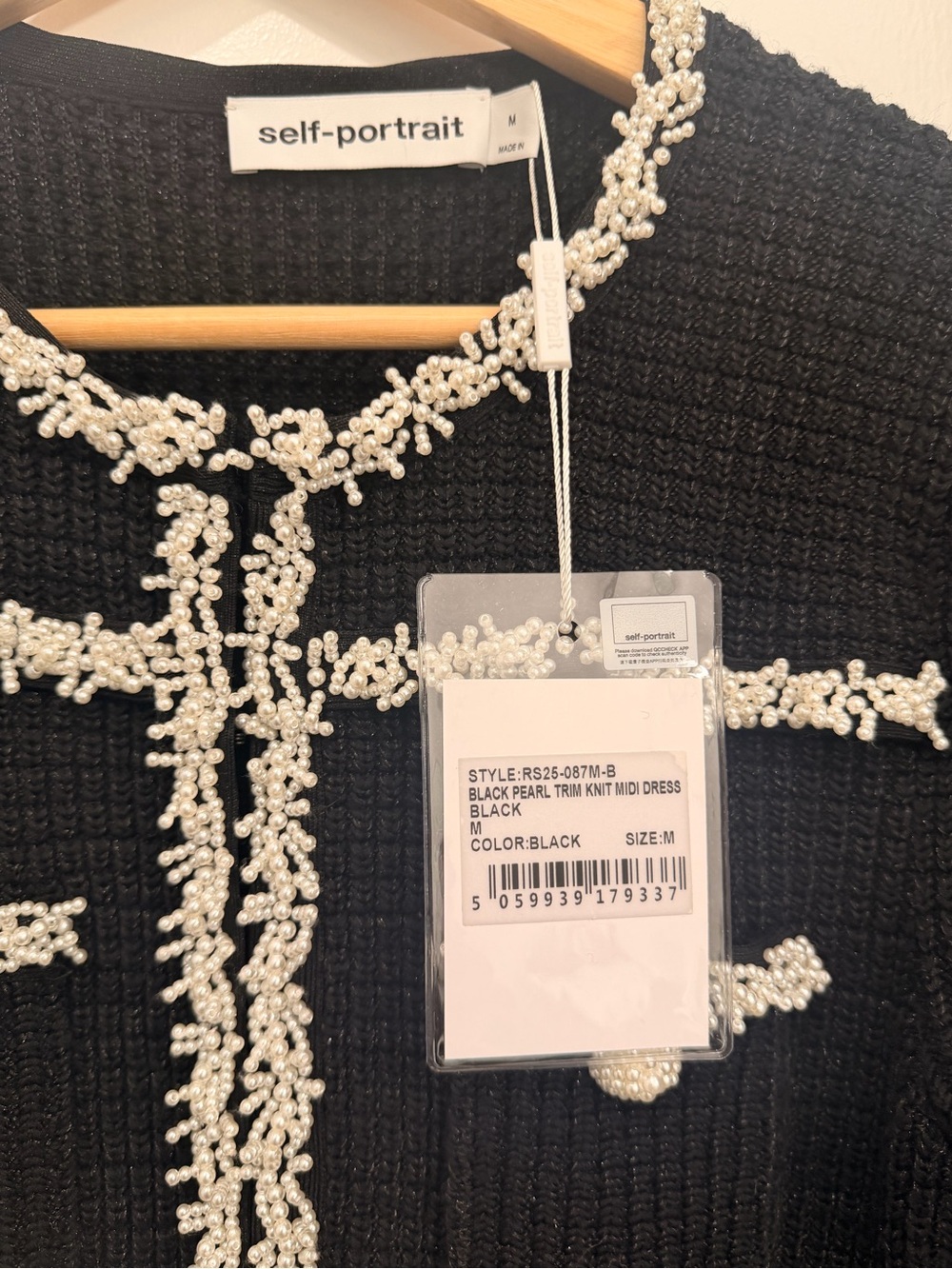 Self-Portrait Black Knit Long-Sleeve Midi Dress with White Trim - Picture 2 of 9